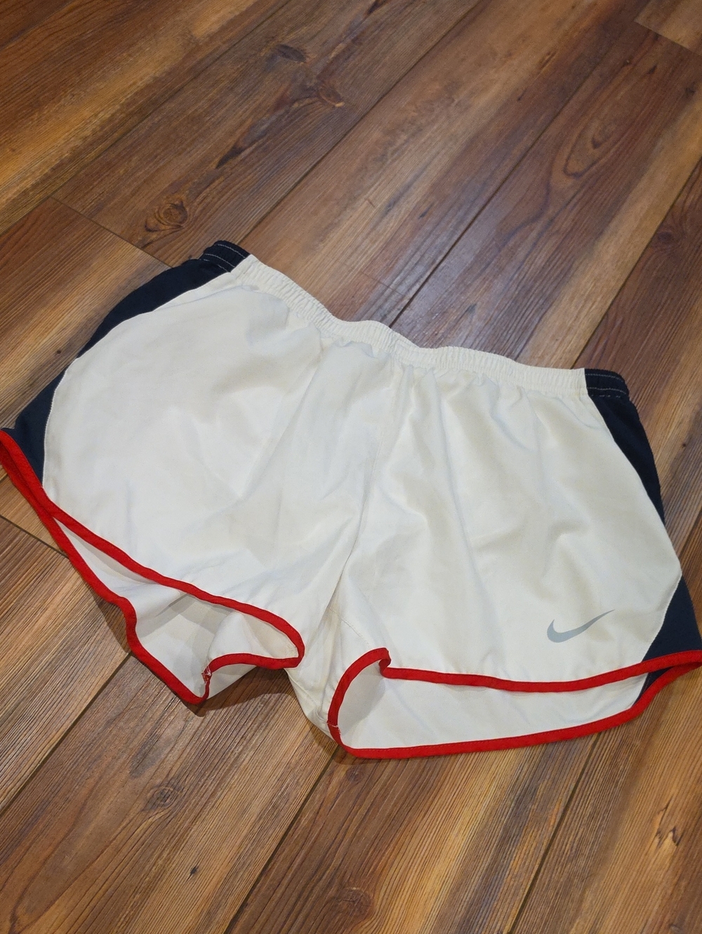 Nike White Athletic Shorts with Red Trim and Navy Panels